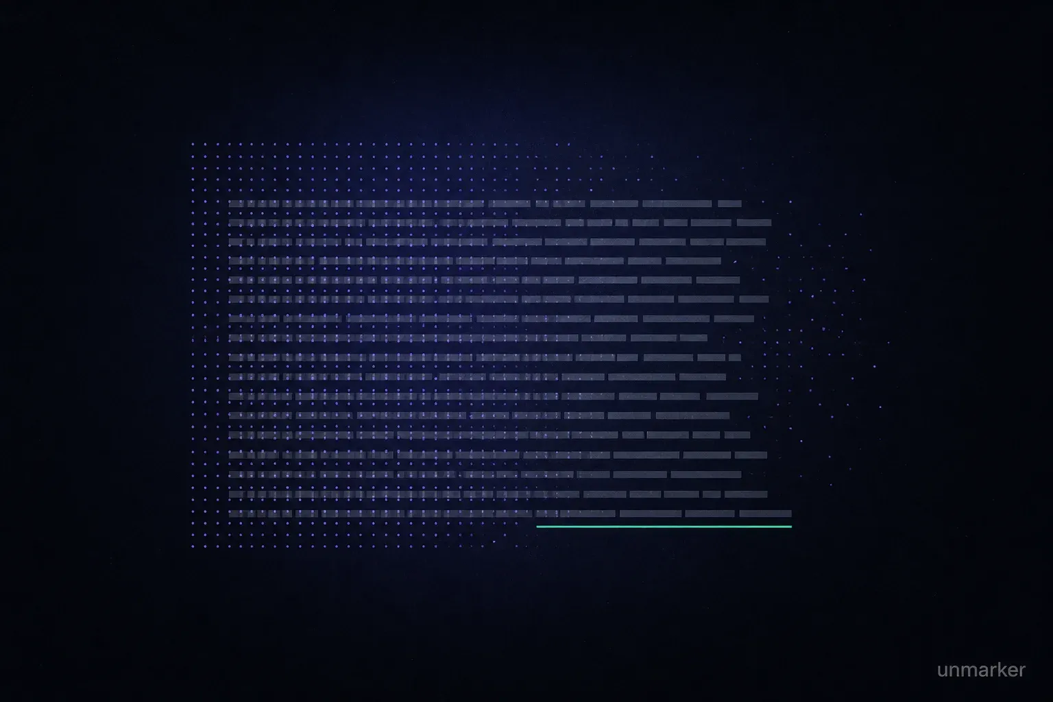 A block of text where a lattice of indigo dots, the invisible watermark made visible, dissolves from left to right